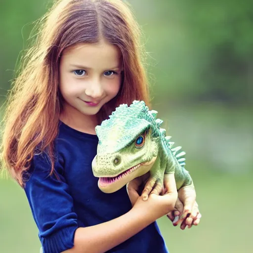 Image similar to girl with a pet dinosaur, cute,