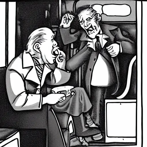 Prompt: photo of old man dracula yelling at the wolfman as they sit on a public bus - g
