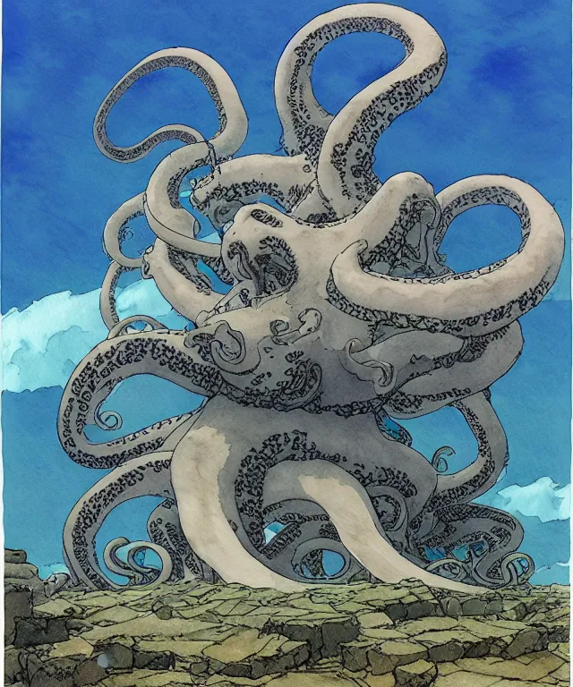 Image similar to a hyperrealist studio ghibli watercolor fantasy concept art of a giant grey octopus sitting on top of stonehenge underwater. by rebecca guay, michael kaluta, charles vess