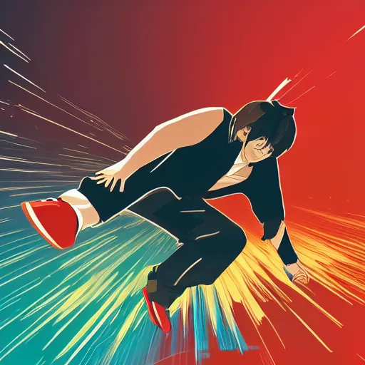 Image similar to man hitting the ground creating a explosion, anime, album cover, musical notes