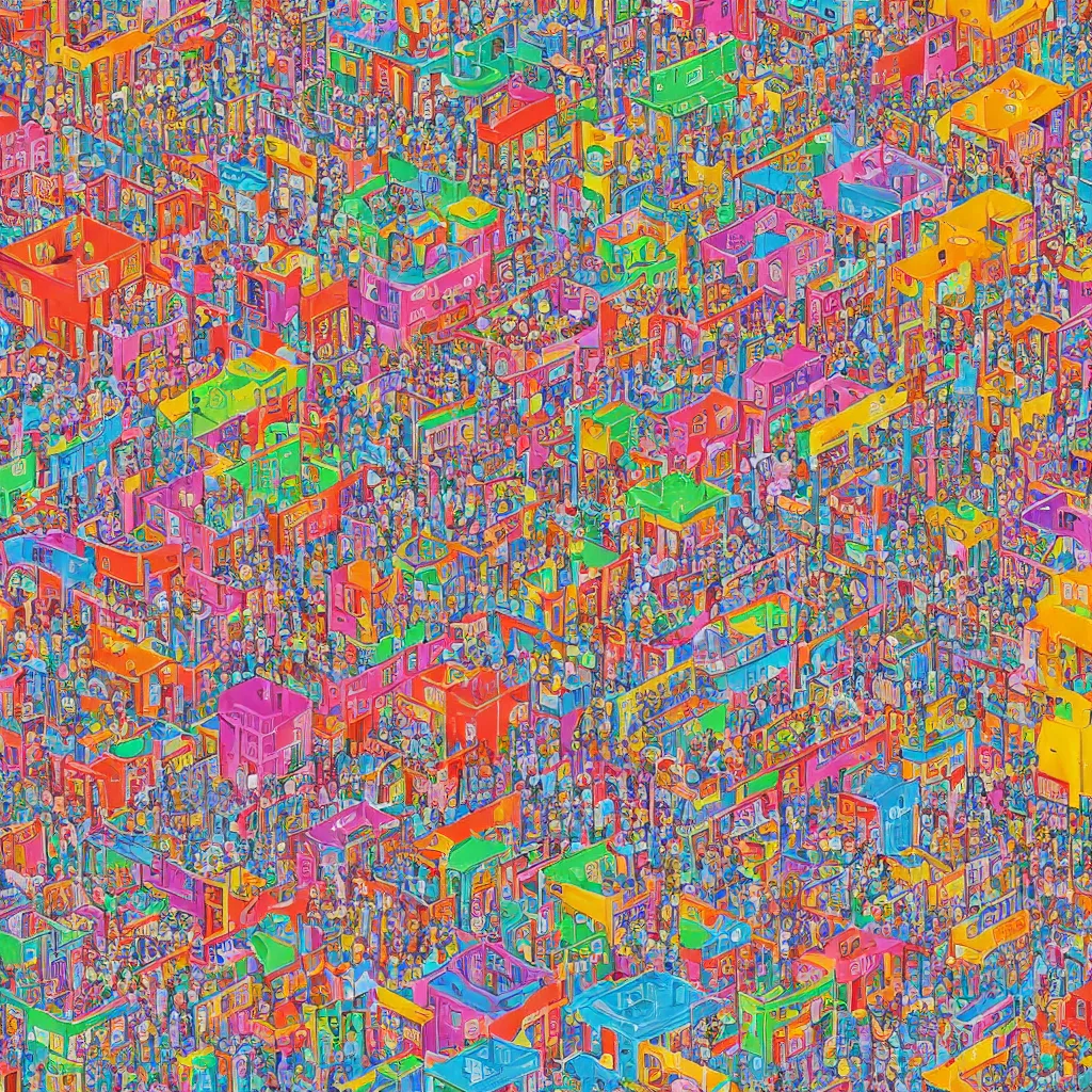 Image similar to a Where's Waldo puzzle of a chinese prison by lisa frank, beautiful, bold colors, detailed