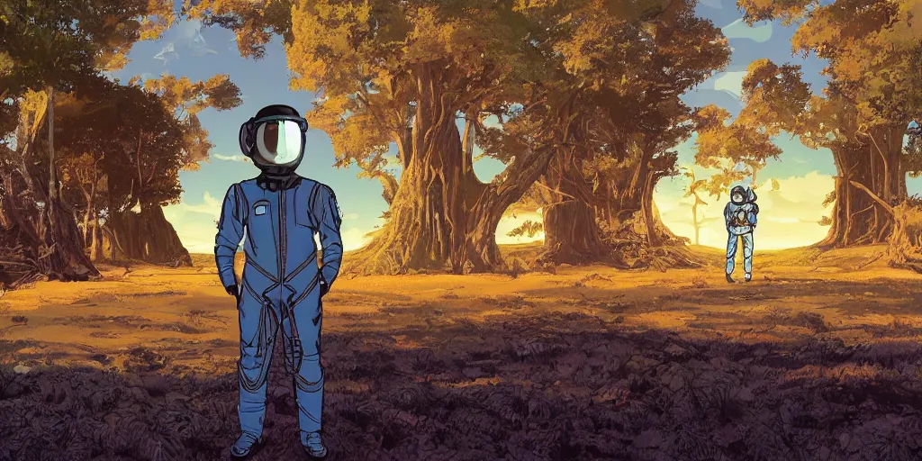 Prompt: portrait of Alain Delon pilot in spacesuit on field forrest spaceship station, artillery, lake, trees, long shadows in outer worlds in FANTASTIC PLANET La planète sauvage animation by René Laloux