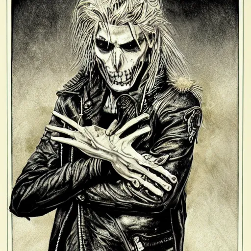 Prompt: portrait painting of a sneering biker with pale skin and shaggy hair with his fists up, sharp focus, ultra realistic, concept art, intricate details, eerie, highly detailed, black and white, rpg art vampire the masquerade. art by tim bradstreet