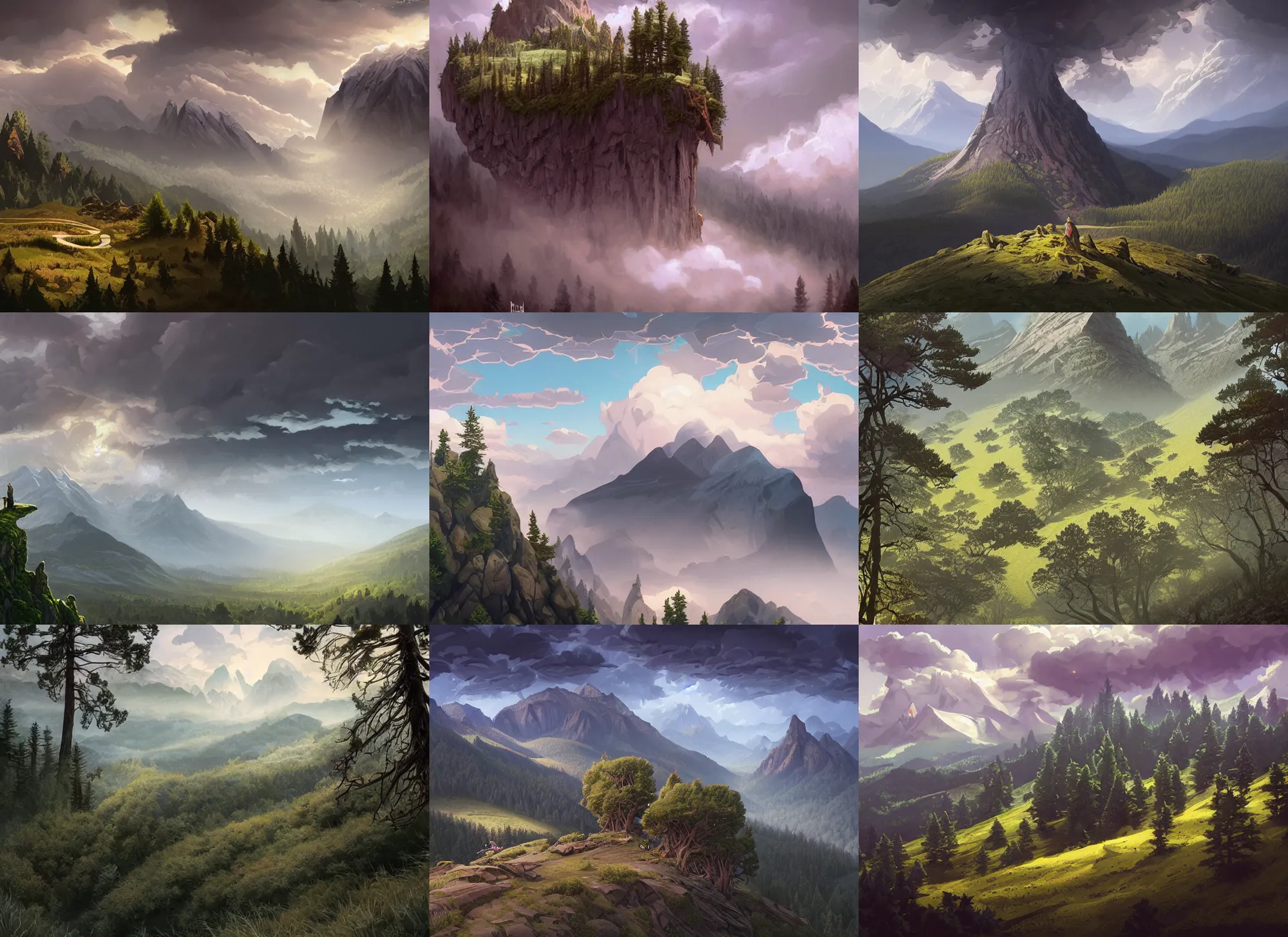 Prompt: mountain and forest landscape without people, high trees, top of the hill extreme view angle, above low layered clouds, thunder sky, deep focus, fantasy, intricate, elegant, highly detailed, digital painting, artstation, concept art, matte, sharp focus, illustration, hearthstone, art by rhads and artgerm and greg rutkowski and alphonse mucha.