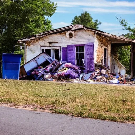 Image similar to run down house with trash in front of it with purple golf cart parked on street.