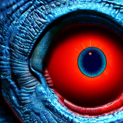 Image similar to big blue eye of ancient red dragon, close-up, high detail 3d model, Octane render, octane, 4k