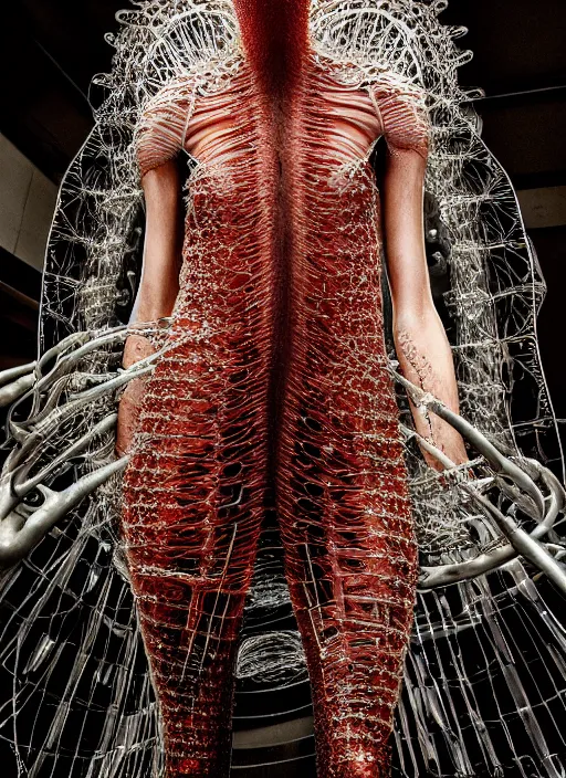 Image similar to walking down the catwalk, steven klein, show, stage, vogue photo, podium, fashion show photo, historical baroque dress, iris van herpen, beautiful woman, full body shot, masterpiece, intricate, wires, veins, jellyfishs, biopunk, guyver, highly detailed