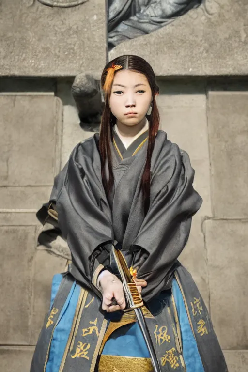 Image similar to highly detailed beautiful photo of a young female samurai, practising sword stances in a temple, symmetrical face, beautiful eyes, realistic anime art style, 8 k, award winning photo, pastels, action photography, 1 / 1 2 5 shutter speed, dramatic lighting