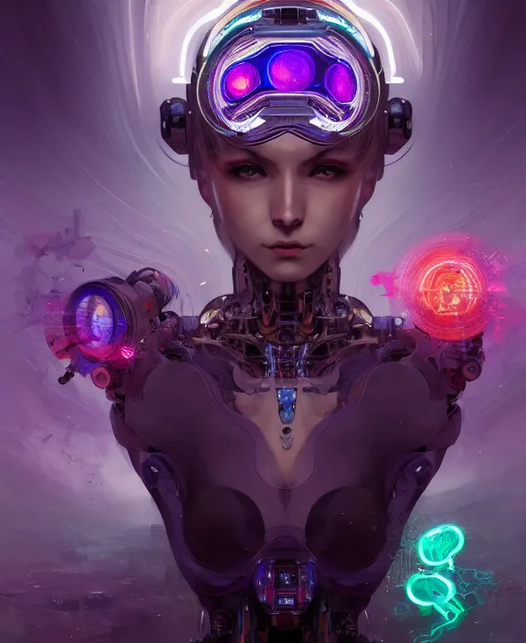 Image similar to whirlwind souls rushing inside metaverse, half body, glowin eyes, tiara, robotic, android, cyborg, cyberpunk face, by loish, d & d, fantasy, intricate, elegant, highly detailed, colorful, vivid color, digital painting, artstation, concept art, art by artgerm and greg rutkowski and alphonse mucha and ruan jia