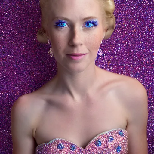 Image similar to close up headshot of a princess with long blonde hair and blue eyes wearing a strapless elaborately beaded pink dress, high resolution film still, 8k, HDR color, film by Simon Langton and David Frankel, triangular face, freckles, round narrow chin, straight jawline