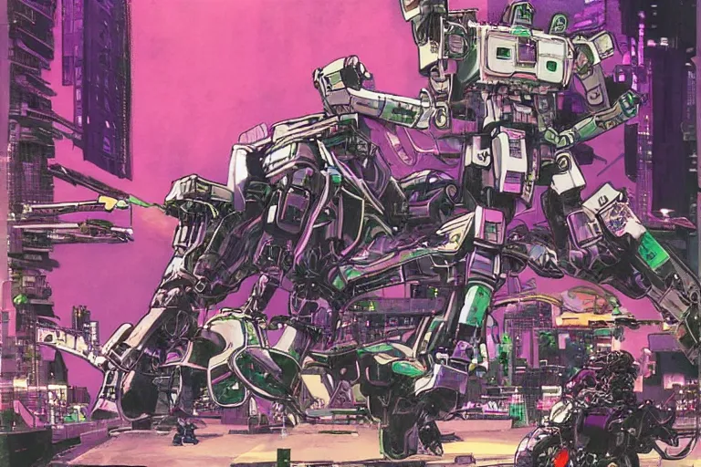 Prompt: mecha fighting against young biker in neo tokyo, very detailed, cyberpunk, akira anime, artwork, violet green magenta details, art by katsuhiro otomo