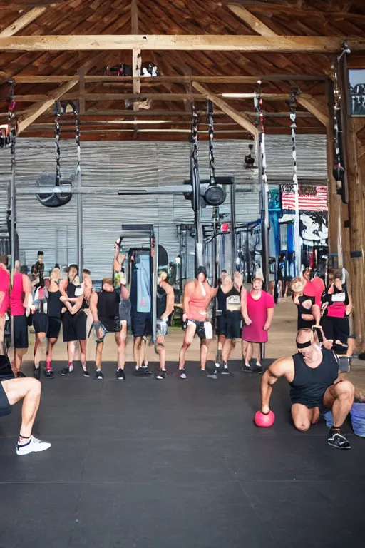 Prompt: CrossFit competition on a ranch, Large red modern barn