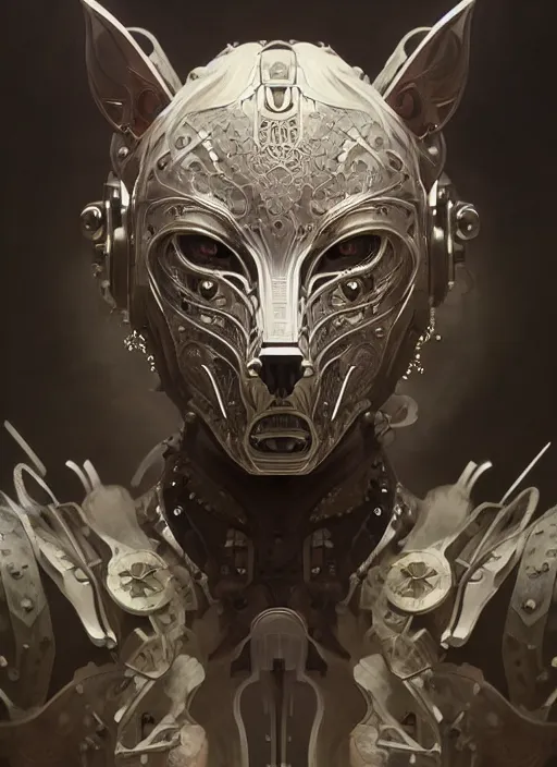 Image similar to organic cyborg, wolf mask, diffuse lighting, fantasy, intricate, elegant, highly detailed, lifelike, photorealistic, digital painting, artstation, illustration, concept art, smooth, sharp focus, art by John Collier and Albert Aublet and Krenz Cushart and Artem Demura and Alphonse Mucha