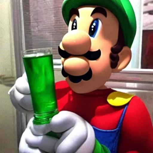 Prompt: luigi from super mario drinking a beer with mario