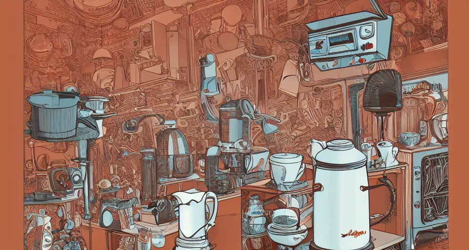 Prompt: a hyper complex drip coffee maker in the 1 9 7 0 s era kitchen, in the style of hownosm and james jean, ultimate collab, epic, digital art, 3 d, h 9 6 0