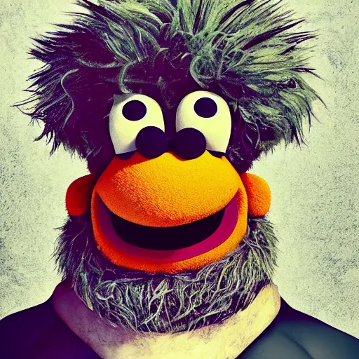 Image similar to a still of a forgotten muppet character looking very manly and modern, hilarious, laughing, hairy chest, huge chin, manly monster tough guy, roughled fur, photo real, photographic, photograph, artstation, trending, featured