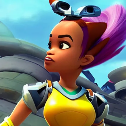 Prompt: kyla pratt kisses ratchet on the cheek in the ratchet and clank universe