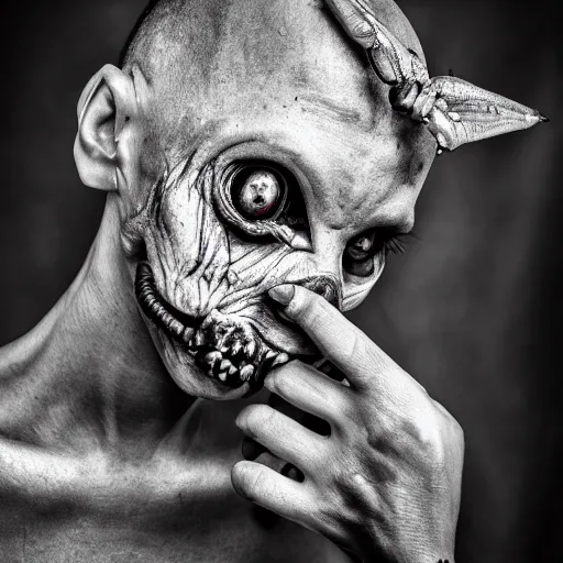 Image similar to artistic photoshoot of a mothan hybrid, grotesque, body horror, mutant shaming, creepy, terrifying, 8 k hdr 8 0 mm wide angle portrait, high contrast black and white, insectoid n