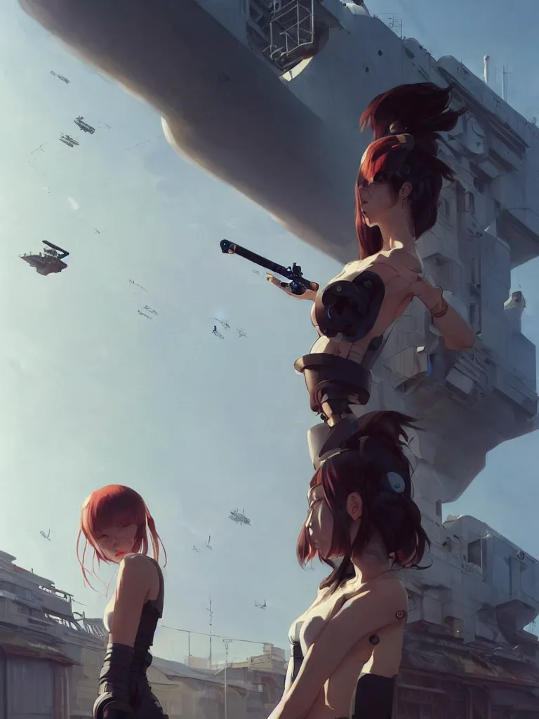 Image similar to Close-up Beautiful full body portrait of a lone beautiful cyborg anime woman smoking a cigarette, standing in front of a cyborg repair shop, while a lone futuristic military cargo ship flies overhead, by Greg Rutkowski and Krenz Cushart and Pan_Ren_Wei and Hongkun_st and Bo Chen and Enze Fu and WLOP and Alex Chow, Madhouse Inc., anime style, crepuscular rays, set in rainy futuristic cyberpunk Tokyo street, dapped light, dark fantasy, feminine figure, smooth skin, gorgeous, pretty face, beautiful fashion model body, high detail, hyper realistic, cgsociety, trending on artstation