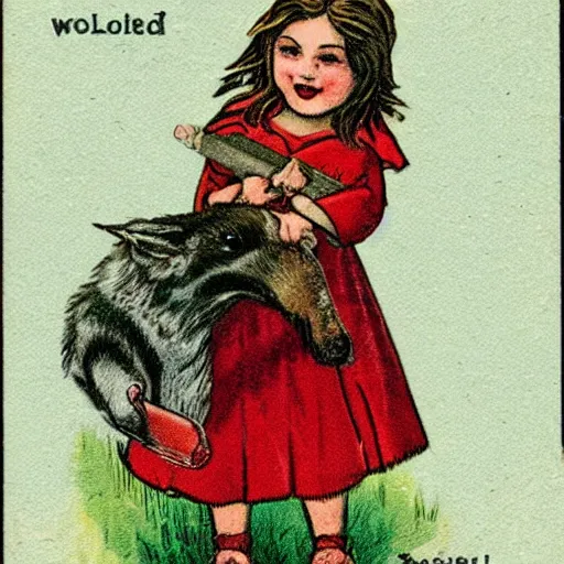 Prompt: little red riding hood smiling as she stands over a dead wolf with a bloody knife, vintage Halloween postcard