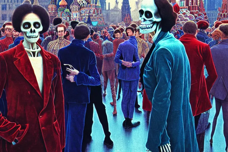 Image similar to realistic detailed photorealistic film portrait shot of a single skeleton wearing crimson velvet blazer in a crowded futuristic moscow street by Denis Villeneuve, Amano, Yves Tanguy, Alphonse Mucha, Ernst Haeckel, Andrei Tarkovsky, Edward Robert Hughes, Roger Dean, rich moody colours, wide angle, blue eyes