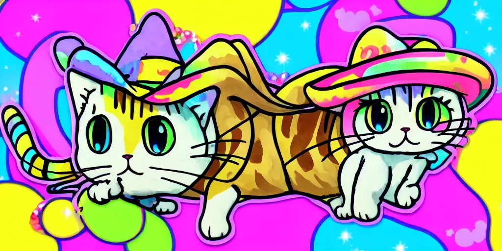 Prompt: a cat cowboy, puffy sticker, glitter sticker, kawaii by studio ghibli, by lisa frank 8 k pastel colours, neon colours, fluorescent colours,