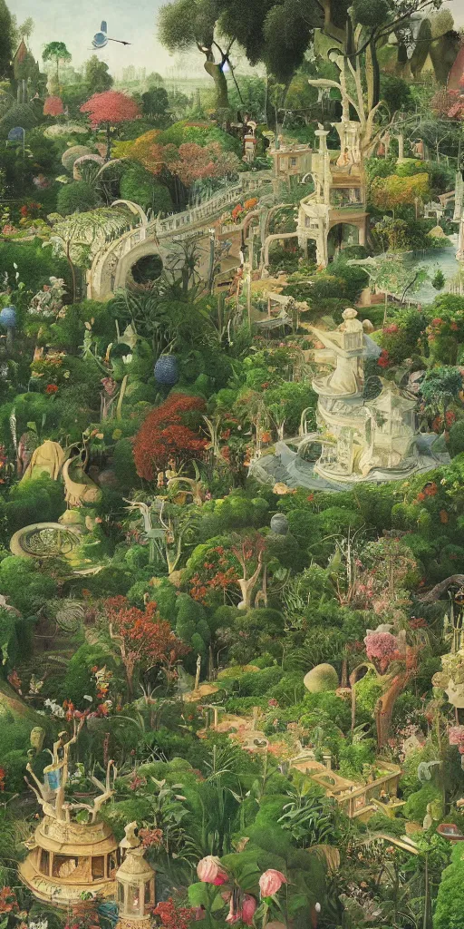 Image similar to bosch and beeple painting of a magnificent garden, incredible details