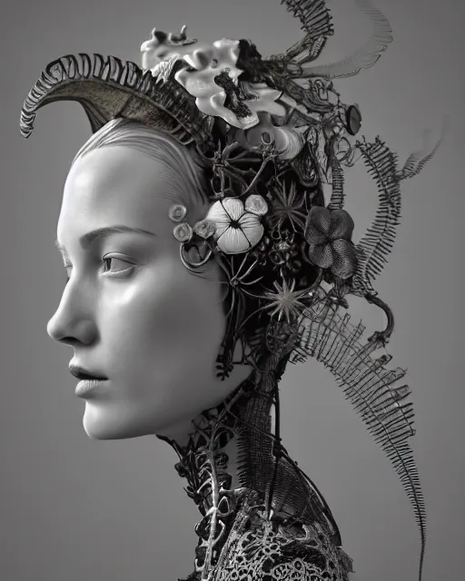 Prompt: monochrome 3 d model, 1 9 3 0 picture, floral steampunk biomechanical beautiful young female cyborg with porcelain profile face and a techno eye, volumetric light, leaves foliage and stems, hibiscus flowers, boho vines, sinuous fine roots, fine foliage lace, alexander mcqueen, rim light, big gothic fashion pearl embroidered collar, octane render, 8 k