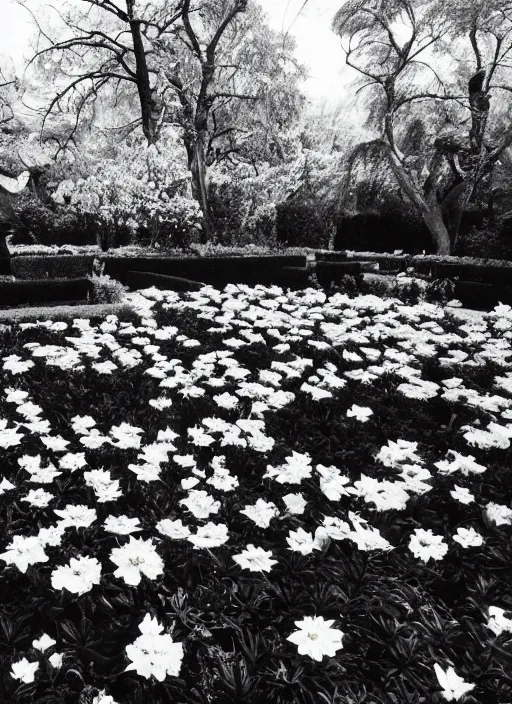 Image similar to old lost footage in black and white of a beautiful garden with flower and fruits,hyper realistic 8K HD real life photo