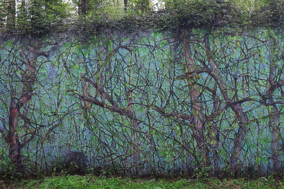 Prompt: graffiti of a forest on a wall, by birdo, alex maksiov and john pugh, anamorphic, surreal