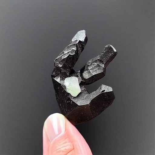 Image similar to “reaching hand made of cut gemstone, black background, 35 mm product photo”