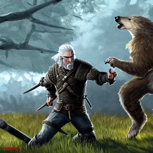 Image similar to geralt of rivia vs a giant racoon, digital art