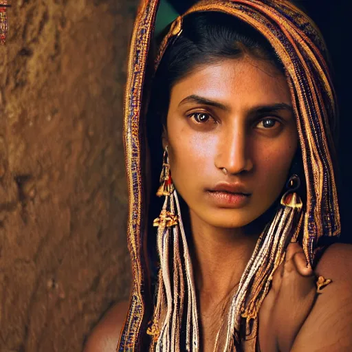 Image similar to portrait of a stunningly beautiful south asian tribal female, depth of field, zeiss lens, detailed, symmetrical, centered, fashion photoshoot, by Annie Leibovitz and Steve McCurry, David Lazar, Jimmy Nelsson, Breathtaking, 8k resolution, extremely detailed, beautiful, establishing shot, artistic, hyperrealistic, beautiful face, octane render