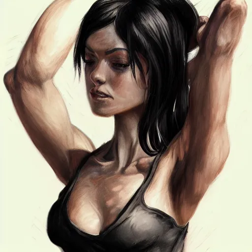 Image similar to a black haired woman in a black tank top, muscular upper body, abs, d & d, fantasy, intricate, elegant, highly detailed, digital painting, artstation, concept art, smooth, sharp focus, illustration, art by simon bisley