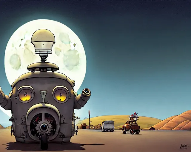 Image similar to a cell shaded cartoon grey lovecraftian mechanized lightbulb from howl's moving castle ( 2 0 0 4 ), with a big head, on a desert road, wide shot, in front of a big moon, muted colors, post grunge, josan gonzales, wlop, by james jean, victor ngai, hq, deviantart, art by artgem