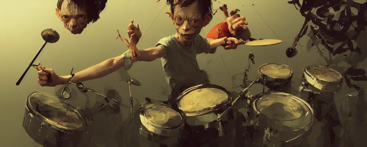 Prompt: duotone olive illustration 3 / 4 portrait of gollum playing drums composition accidental renaissance golden ratio. by sachin teng and sergey kolesov and ruan jia and heng z. graffiti art, scifi, fantasy, hyper detailed. octane render. concept art. trending on artstation