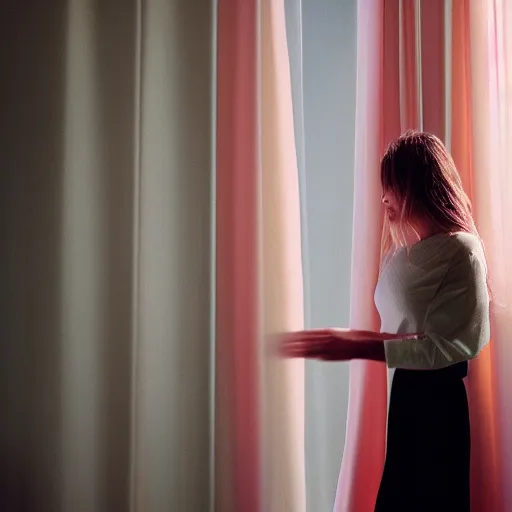 Prompt: photography of female models behind white curtains in old victorian room, dramatic light, cinestill, filmstill, bokeh, long exposure, god rays, magic hour, pink light, warm colors