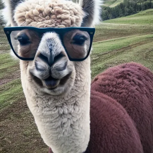 Prompt: a portrait of a alpaca in a beautiful environment, wearing a suit with glasses