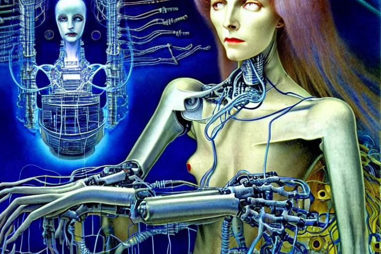 Image similar to realistic extremely detailed portrait closeup painting of a ghost woman with supercomputer robot, futuristic sci-fi city on background by Jean Delville, Amano, Yves Tanguy, Alphonse Mucha, Ernst Haeckel, Edward Robert Hughes, Roger Dean, rich moody colours, blue eyes