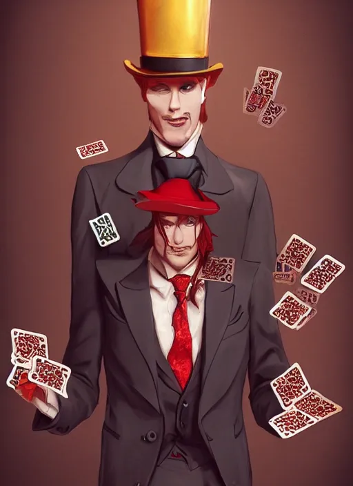 Image similar to a highly detailed illustration of stylish top hat wearing red haired attractive man, wearing suit vest, flashy pose, playing card background, intricate, elegant, highly detailed, centered, digital painting, artstation, concept art, smooth, sharp focus, league of legends concept art, WLOP