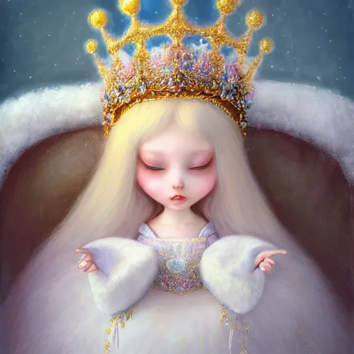 Prompt: highly detailed closeup portrait of a snow, ice princess, she is wearing a crown, she is sitting on a throne, fluffy bears are standing around, nicoletta ceccoli, mark ryden, lostfish, earl nore, global illumination, god rays, detailed and intricate environment