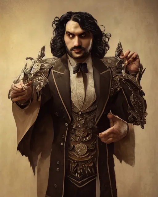 Prompt: nandor the relentless, from what we do in the shadows, kayvan novak, long black hair, half - body, 1 9 2 0 s suit, ornate cape, very detailed, intricate, cinematic, artstation, william bouguereau, daniel gerhartz, greg rutkowski, rossdraws, octane render