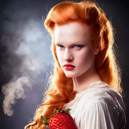 Prompt: front centered symmetrical composition of an adult woman with flowing strawberry blonde hair. smoky environment. fair skin, intense eyes. Focused. Strong chin. hdr photograph. dramatic lighting, cinematic, establishing shot, high detail, cinematic lighting. nouveau portrait by Gil Elvgren. Medieval long gown.