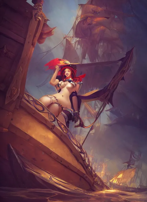 Image similar to miss fortune in a pirate ship, from league of legends, au naturel, hyper detailed, digital art, trending in artstation, cinematic lighting, studio quality, smooth render, unreal engine 5 rendered, octane rendered, art style by klimt and nixeu and ian sprigger and wlop and krenz cushart