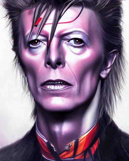 Prompt: david bowie, portrait, fantasy art, in the style of artgerm, illustration, epic, fantasy, intricate, hyper detailed, artstation, concept art, smooth, sharp focus, ray tracing, vibrant, photorealistic, simon bisley, fabry glenn