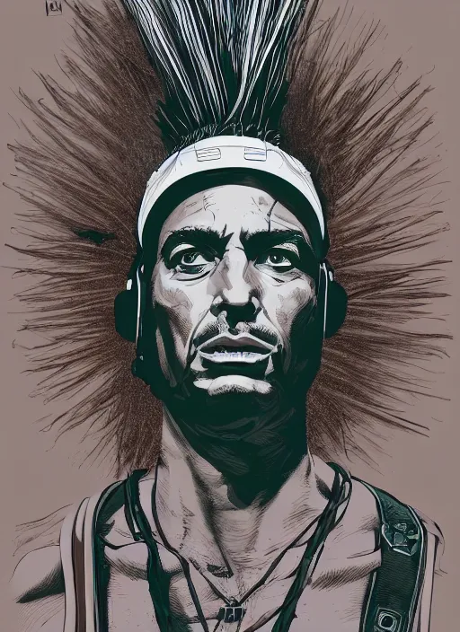 Image similar to portrait of a man with gray and green mohawk wearing a gray headset and brown tank top, gray and green mohawk, gray headset, brown tank top. art by martin ansin, martin ansin artwork. portrait.