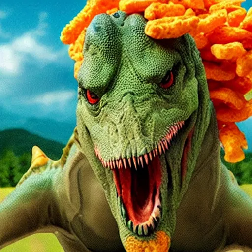 Prompt: ultra realistic dinosaur eating Cheetos, Napoleon Bonaparte