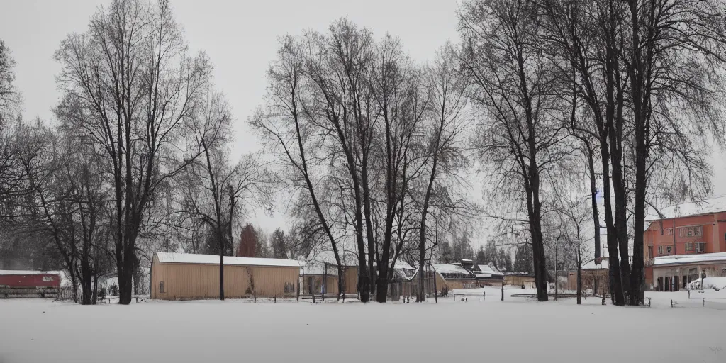 Prompt: depressing finnish rural town during winter, movie still, david lynch film, low - key light, wide shot