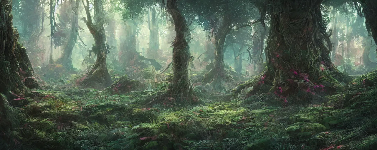 Image similar to detailed concept art illustration colorful pastel painting of a sci-fi fantasy forest in full intricate detail, ultra detailed, digital art, octane render, 4K, dystopian, micro details