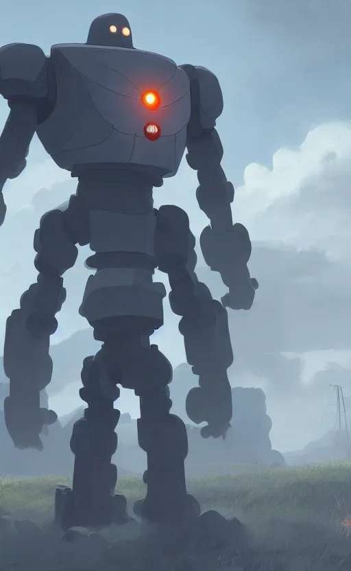 Image similar to iron giant standing near his farm, dynamic lighting, photorealistic fantasy concept art, trending on art station, stunning visuals, creative, cinematic, ultra detailed